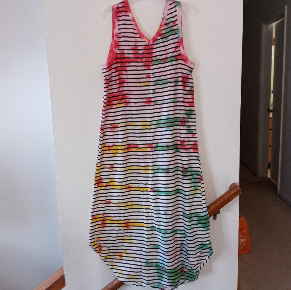 Two Tone Tie Dye Maxi Dress Large 12/14 Striped Sleeveless red green gold Rasta